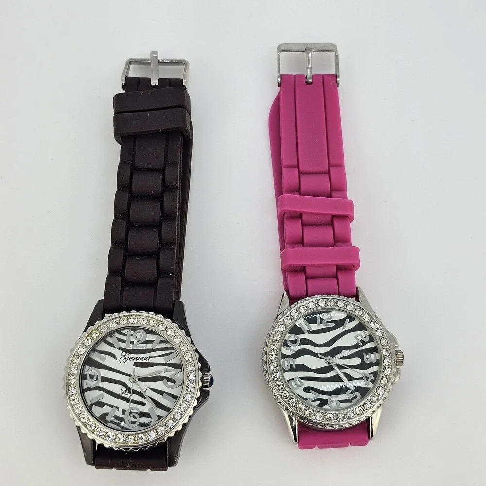 2X Women's‎ Watch 38MM Animal Print Dial Brown Pink Plastic Bands New Battery